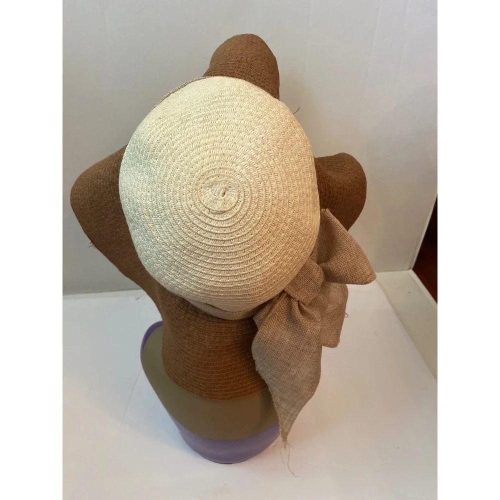 Ugurlu Women Two Tone Wide Brim Sun Hat Brown Cream‎ Woven Straw Bow coastal